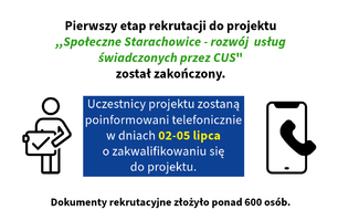 Zakończenie pierwszego etapu rekrutacji do projektu ,,Społeczne Starachowice - rozwój usług świadczonych przez CUS'